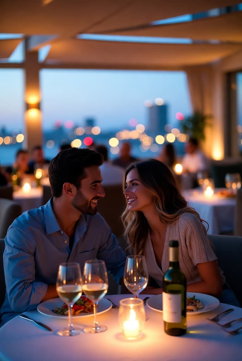 Friends enjoying dinner together at a rooftop restaurant